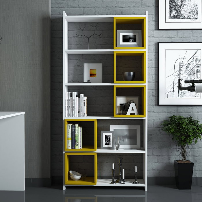 Hanah Home Estantería Bohemia con Estantes Reubicables Blanco y Amarillo